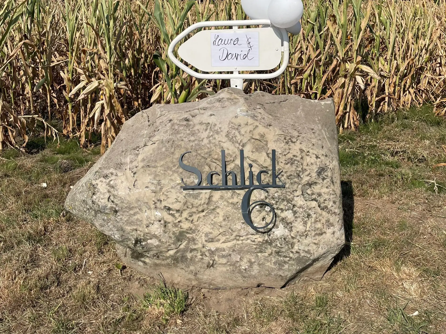 Findling mit der eingravierten Adresse „Schlick 6“ vor dem Maisfeld